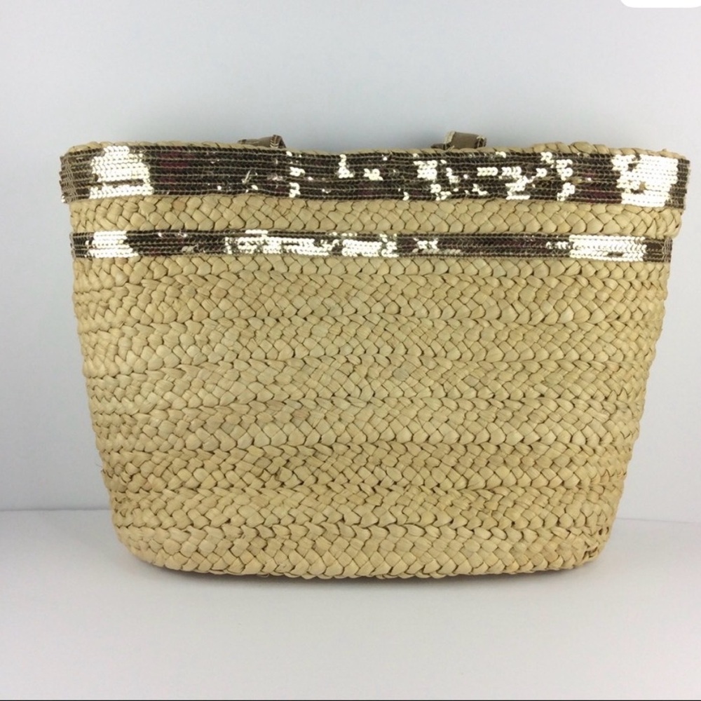 NWOT…Bath & Body Works Tan and Gold Sequins Woven Tote